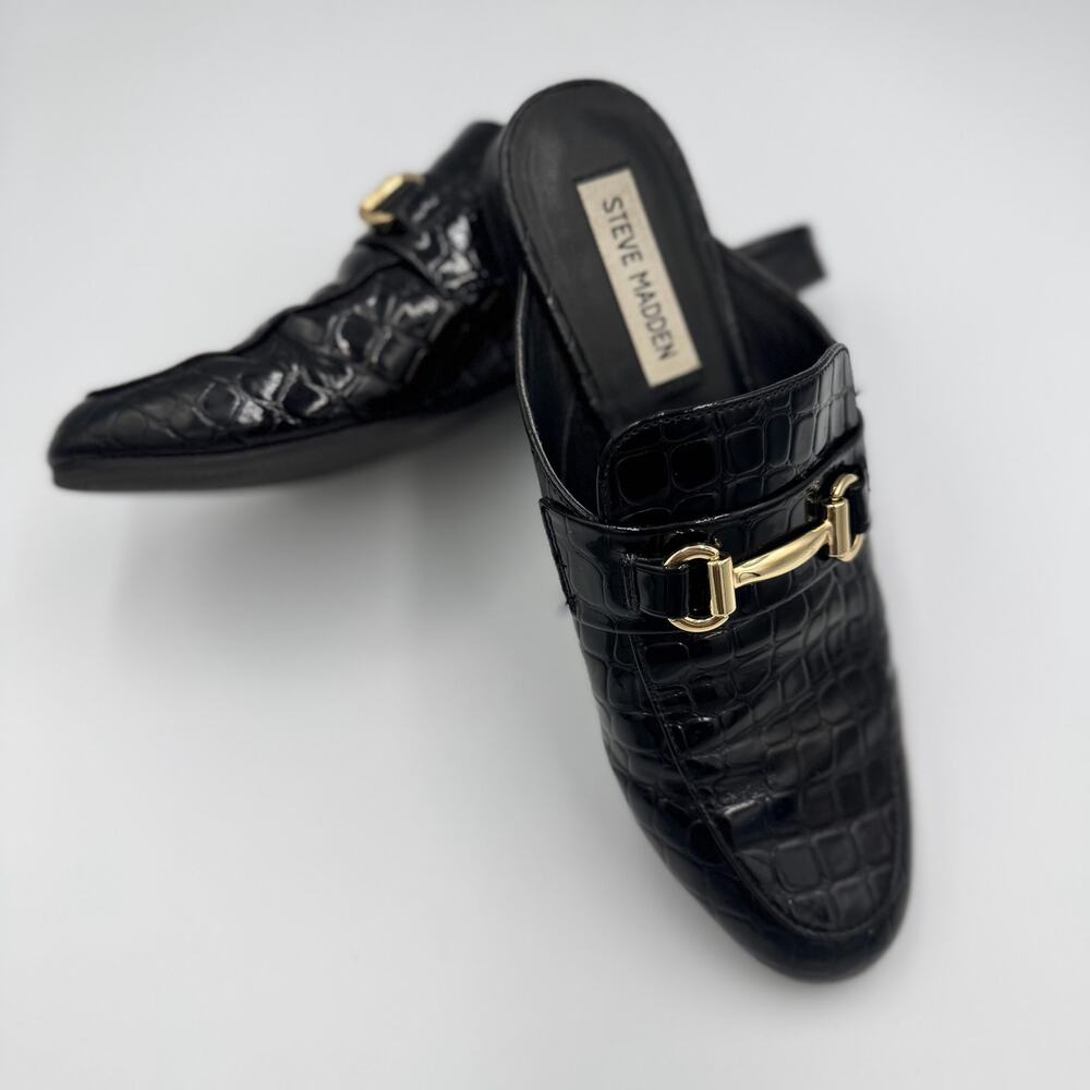 Steve Madden Royals Black Croc Embossed Horsebit Loafer Mule Slide Flat Gold 8 - Picture 4 of 16